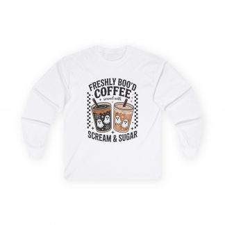Spooky Coffee Lover Tee, Halloween Long Sleeve Shirt, Unisex Ghost Print T-Shirt, Fall Fashion Top, Gift for Coffee Enthusiasts