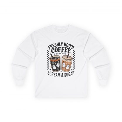 Spooky Coffee Lover Tee, Halloween Long Sleeve Shirt, Unisex Ghost Print T-Shirt, Fall Fashion Top, Gift for Coffee Enthusiasts