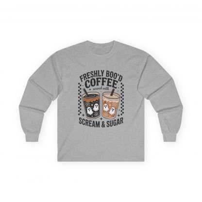 Spooky Coffee Lover Tee, Halloween Long Sleeve Shirt, Unisex Ghost Print T-Shirt, Fall Fashion Top, Gift for Coffee Enthusiasts - Image 4