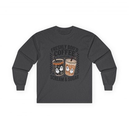 Spooky Coffee Lover Tee, Halloween Long Sleeve Shirt, Unisex Ghost Print T-Shirt, Fall Fashion Top, Gift for Coffee Enthusiasts - Image 7