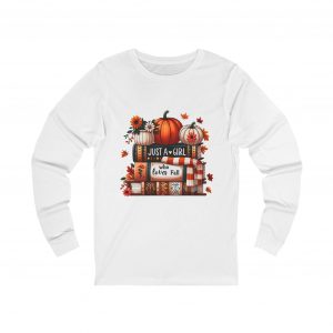 Fall-Themed Long Sleeve Tee, Cozy Autumn Shirt, Pumpkin T-Shirt, Just a Girl T-Shirt, Seasonal Outfit, Thanksgiving Apparel, Gift for Her