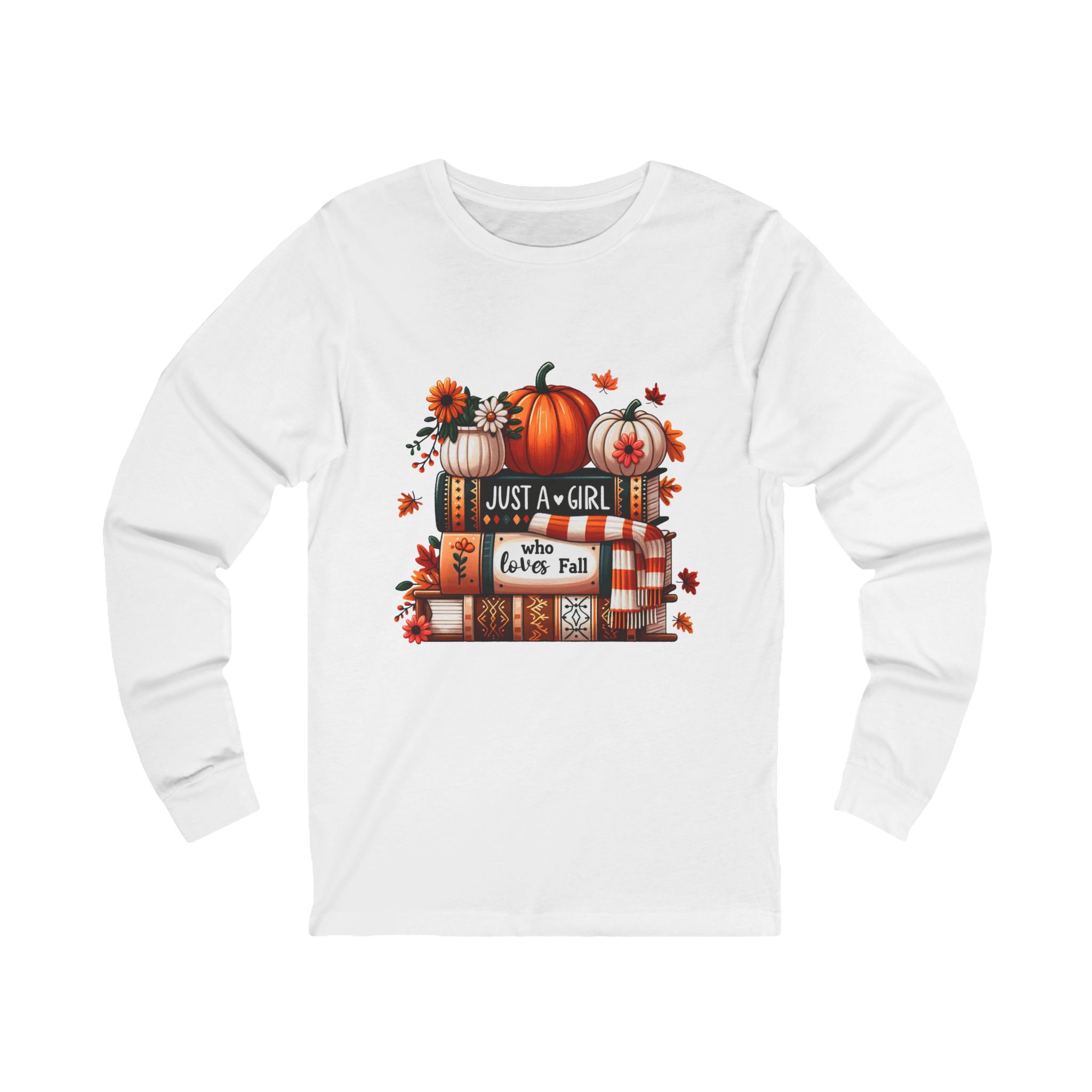 Fall-Themed Long Sleeve Tee, Cozy Autumn Shirt, Pumpkin T-Shirt, Just a Girl T-Shirt, Seasonal Outfit, Thanksgiving Apparel, Gift for Her